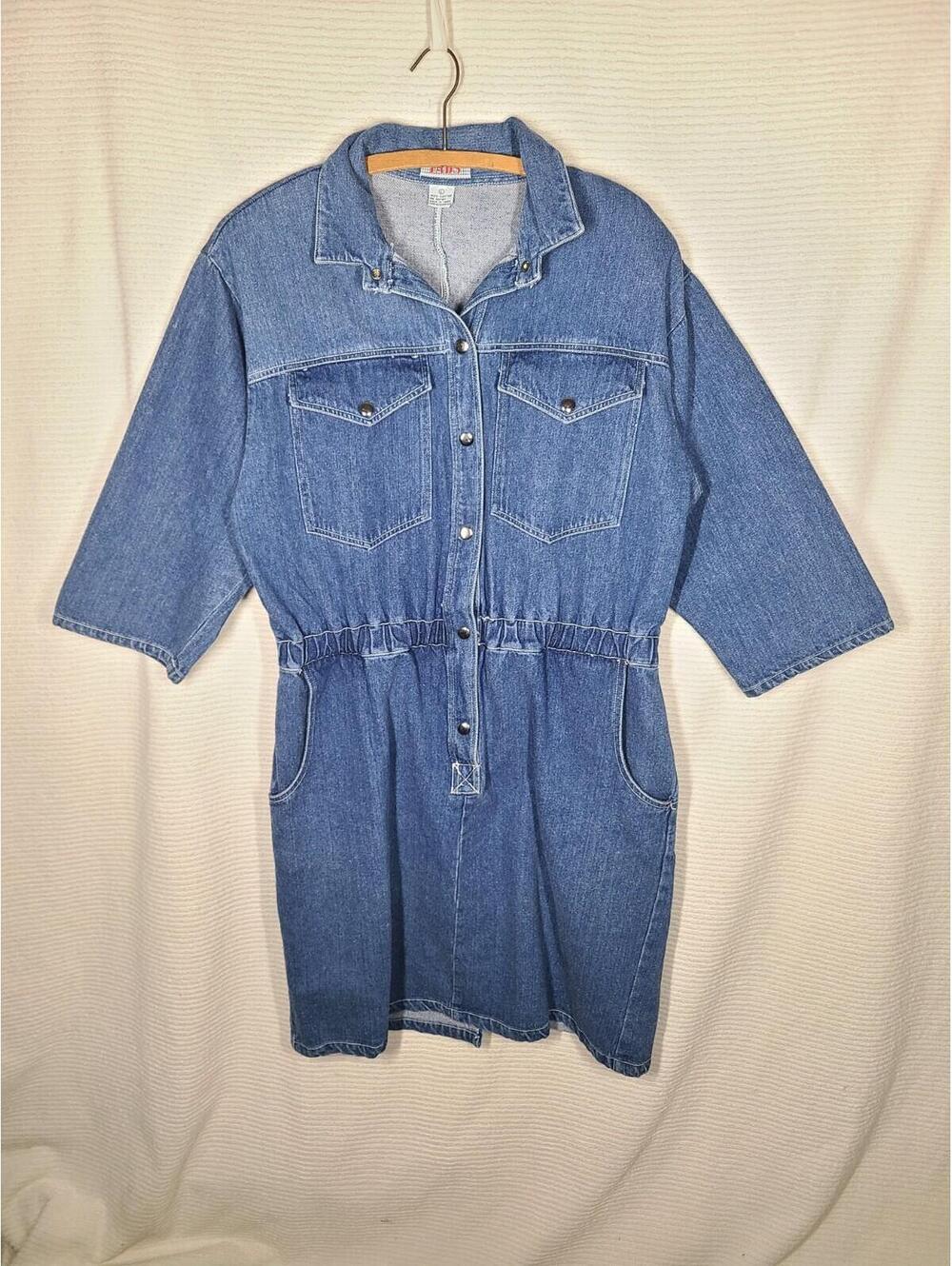 Vintage 90s Denim Dress 100% Cotton Blue Jeans Large Slim Skirt Snap Front Y2k - Picture 4 of 9